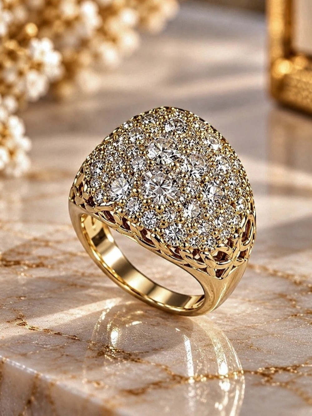 18K Gold Filled Round CZ Cluster Dome Cocktail Ring Women’s Statement Jewelry